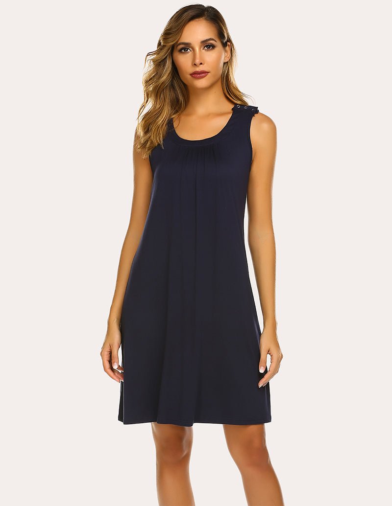 Navy sleeveless nursing nightdress with scoop neckline, relaxed A-line fit