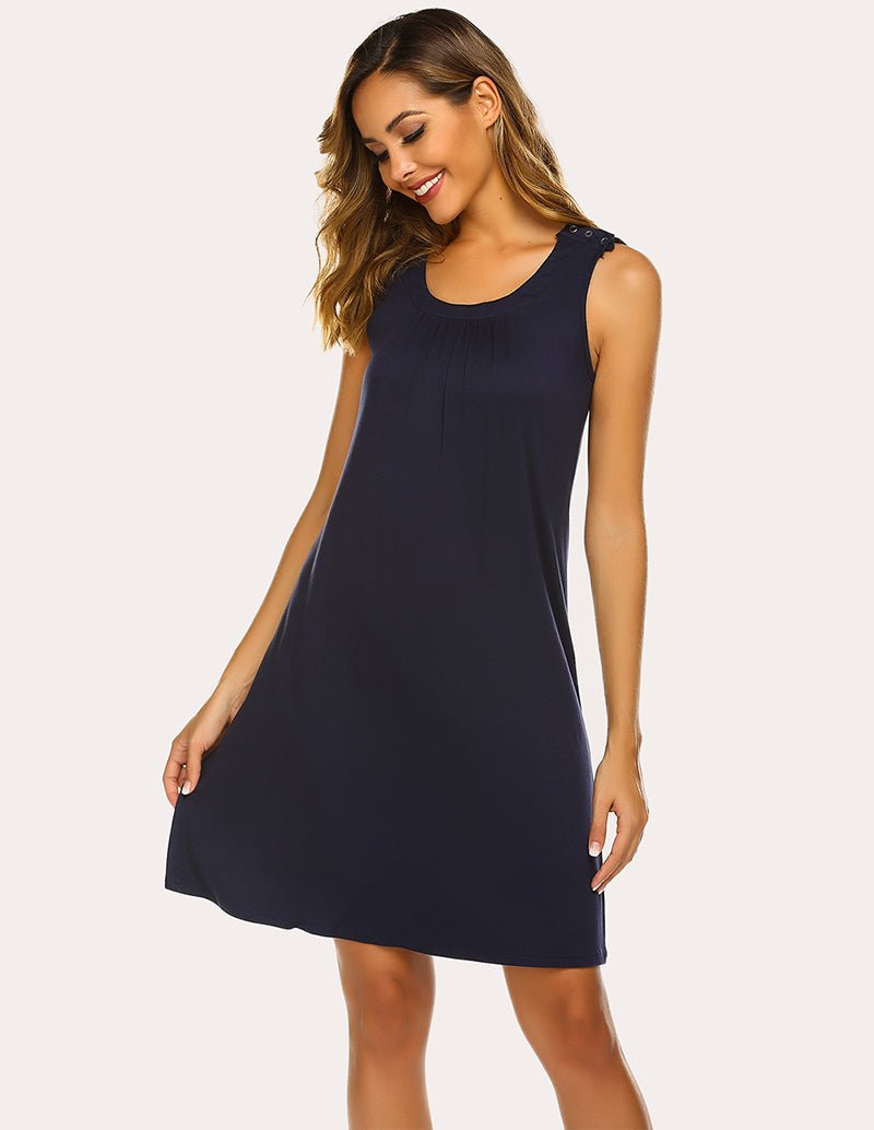 Navy sleeveless nursing nightdress with scoop neckline and draped skirt