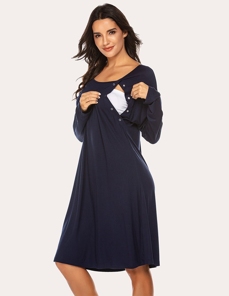 Maternity nursing nightdress, navy long-sleeve with hidden nursing button detail