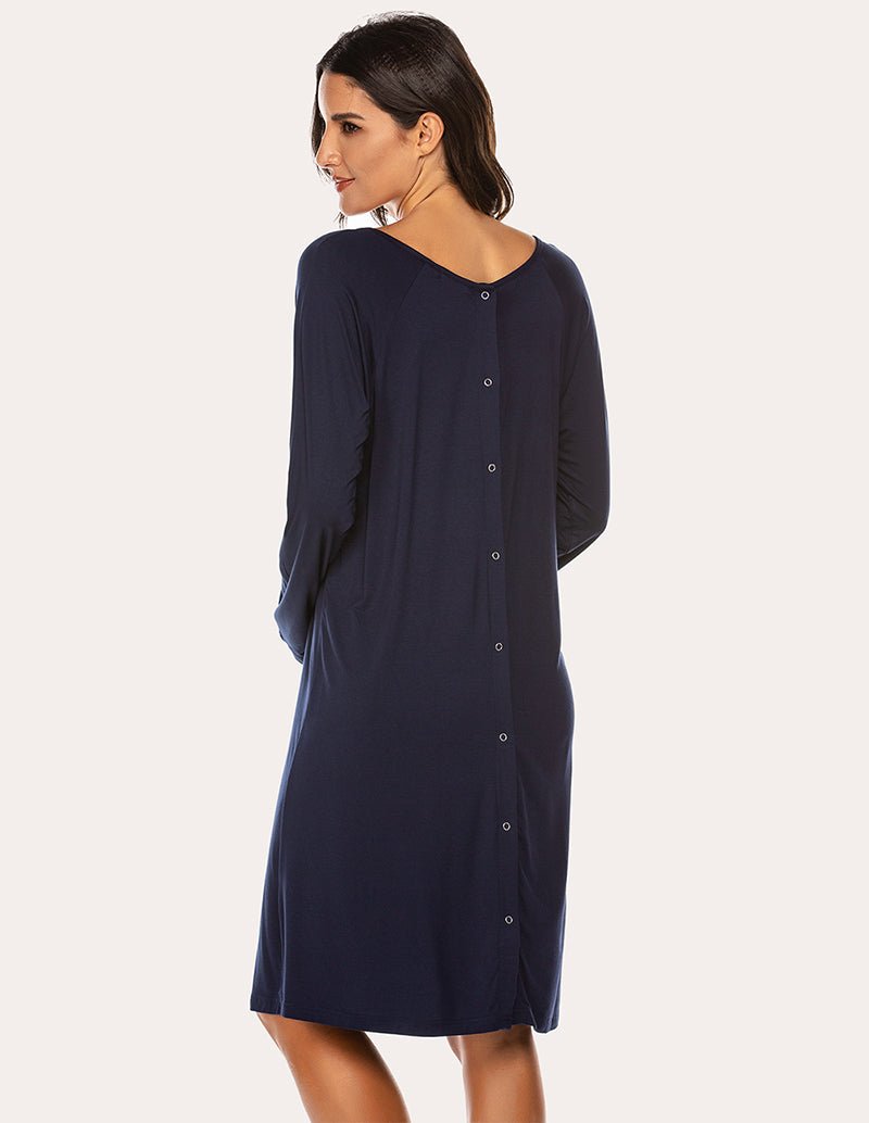 Maternity nursing nightdress, navy long-sleeve with button placket at center back