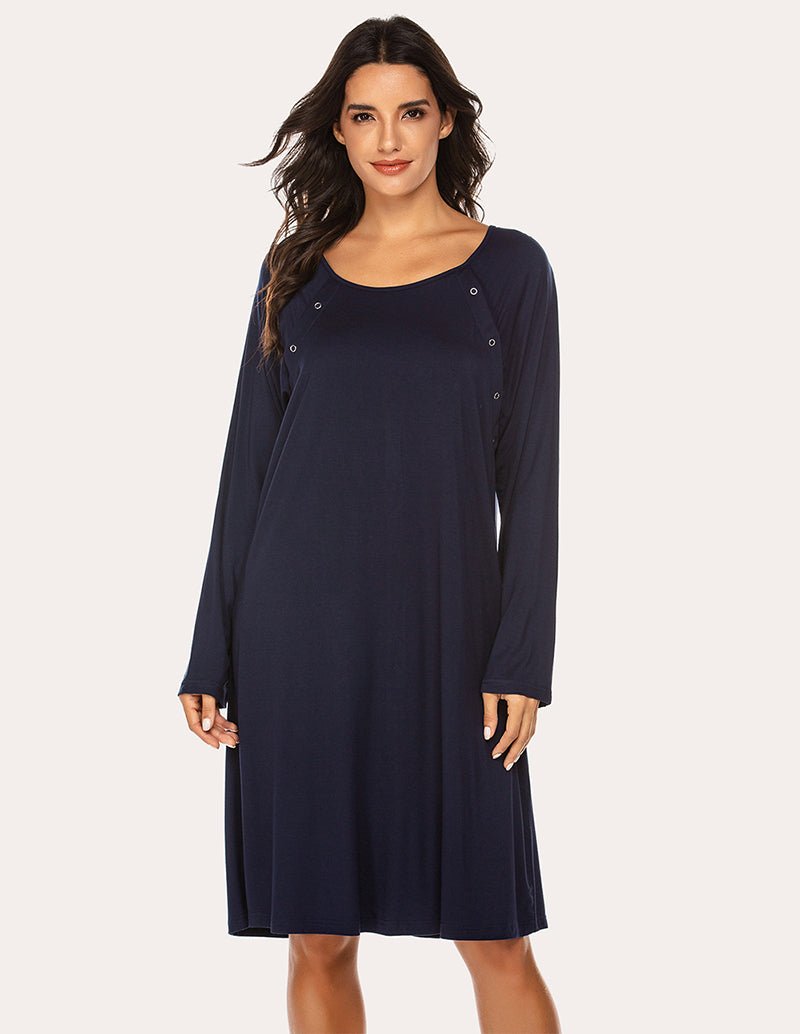 Maternity nursing nightdress, navy long-sleeve with button front and round neckline