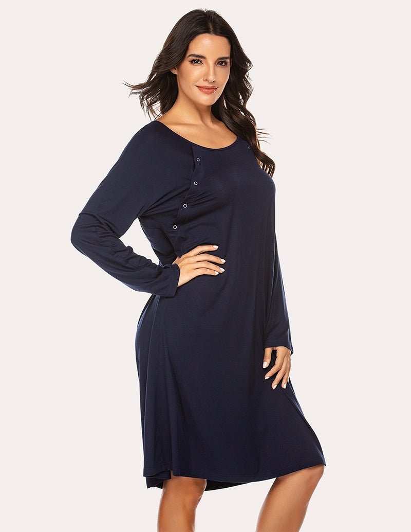 Maternity nursing nightdress, navy long-sleeve with curved yoke and button placket