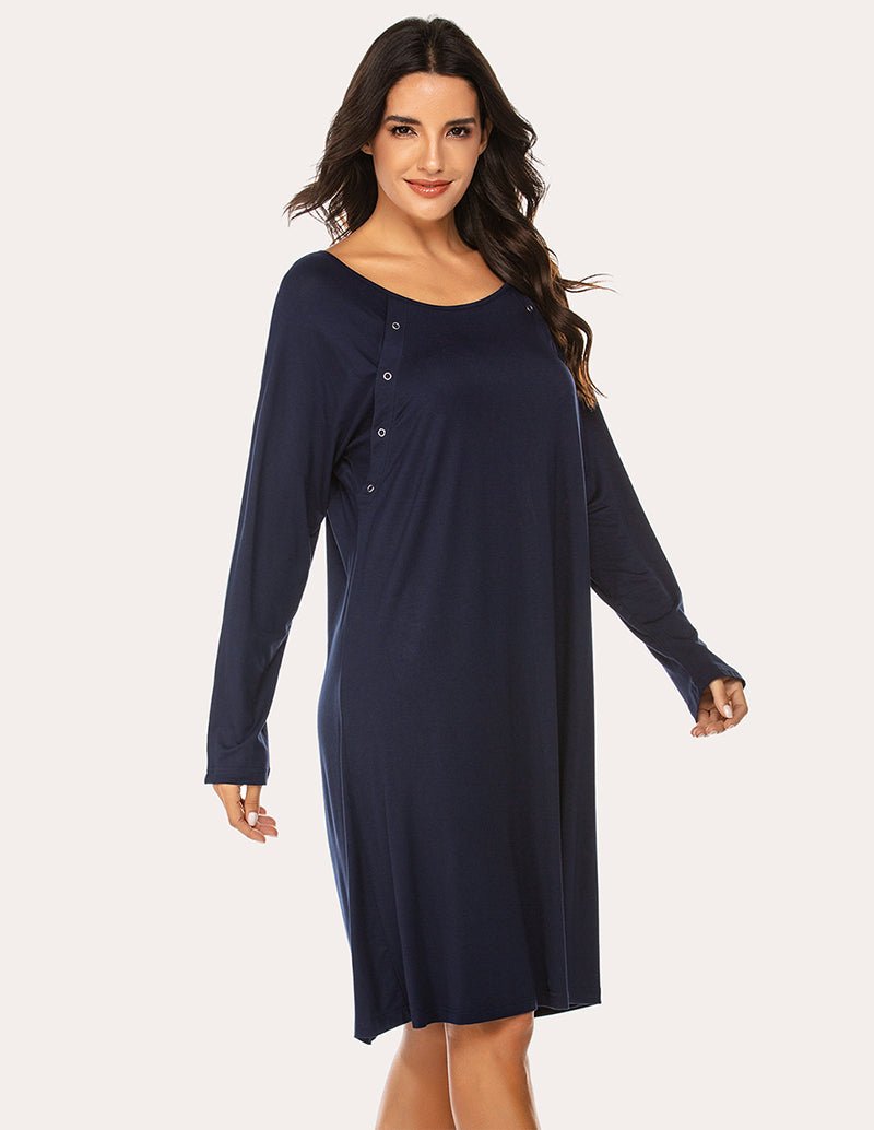 Maternity nursing nightdress, navy long-sleeve with side seam pockets and straight hem