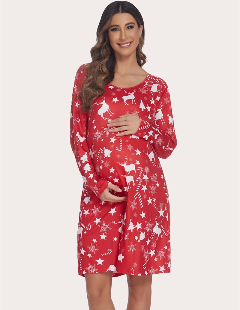 Maternity nursing nightdress, red long-sleeve star and reindeer print with round neckline