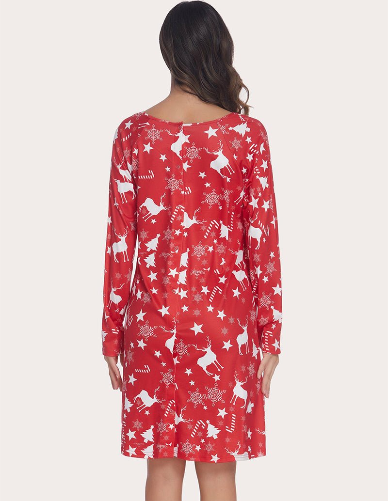 Maternity nursing nightdress, red long-sleeve allover star and reindeer pattern