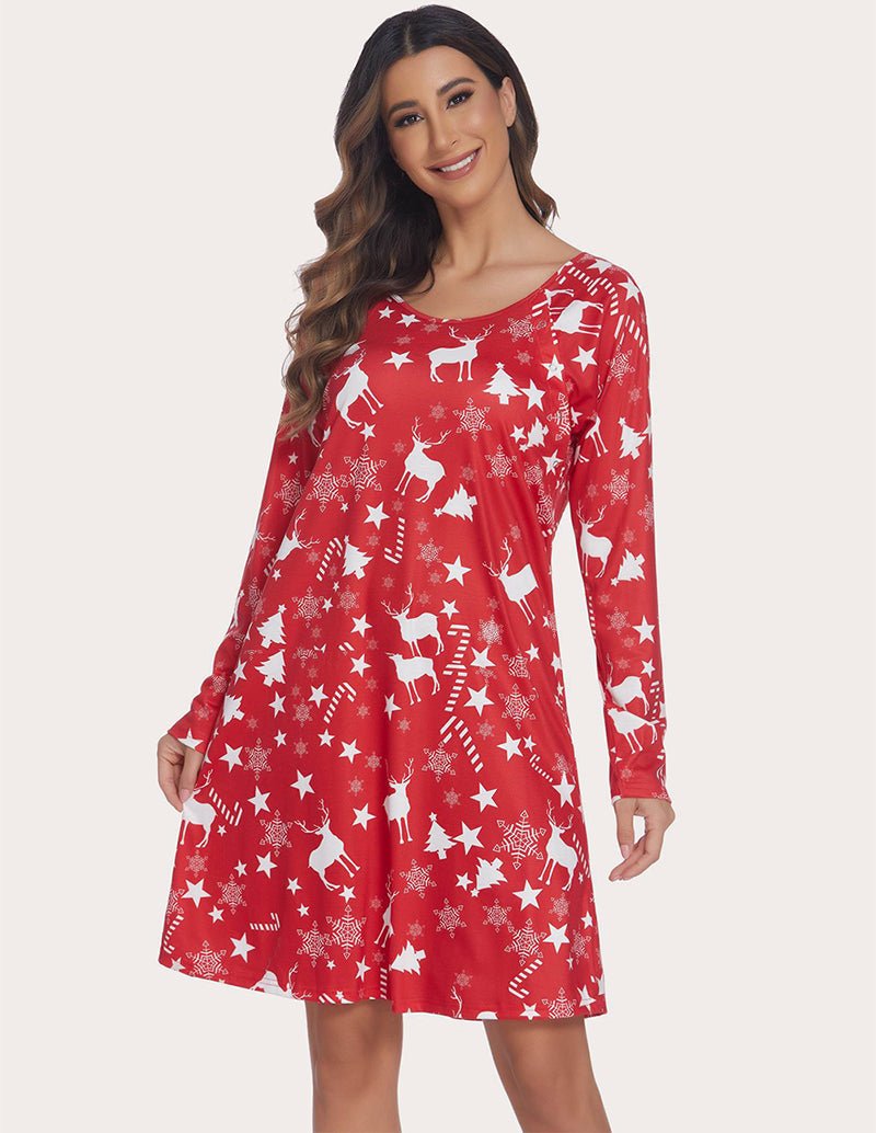Maternity nursing nightdress, red long-sleeve with star and reindeer print