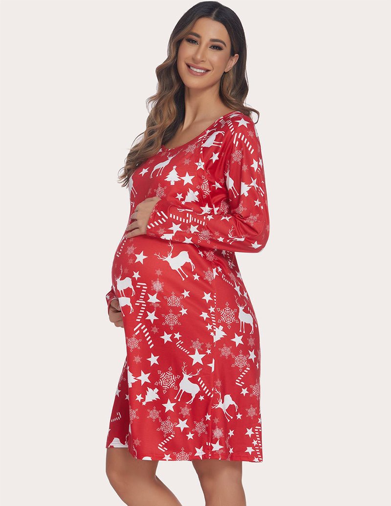 Maternity nursing nightdress, red long-sleeve star and reindeer print with midi length