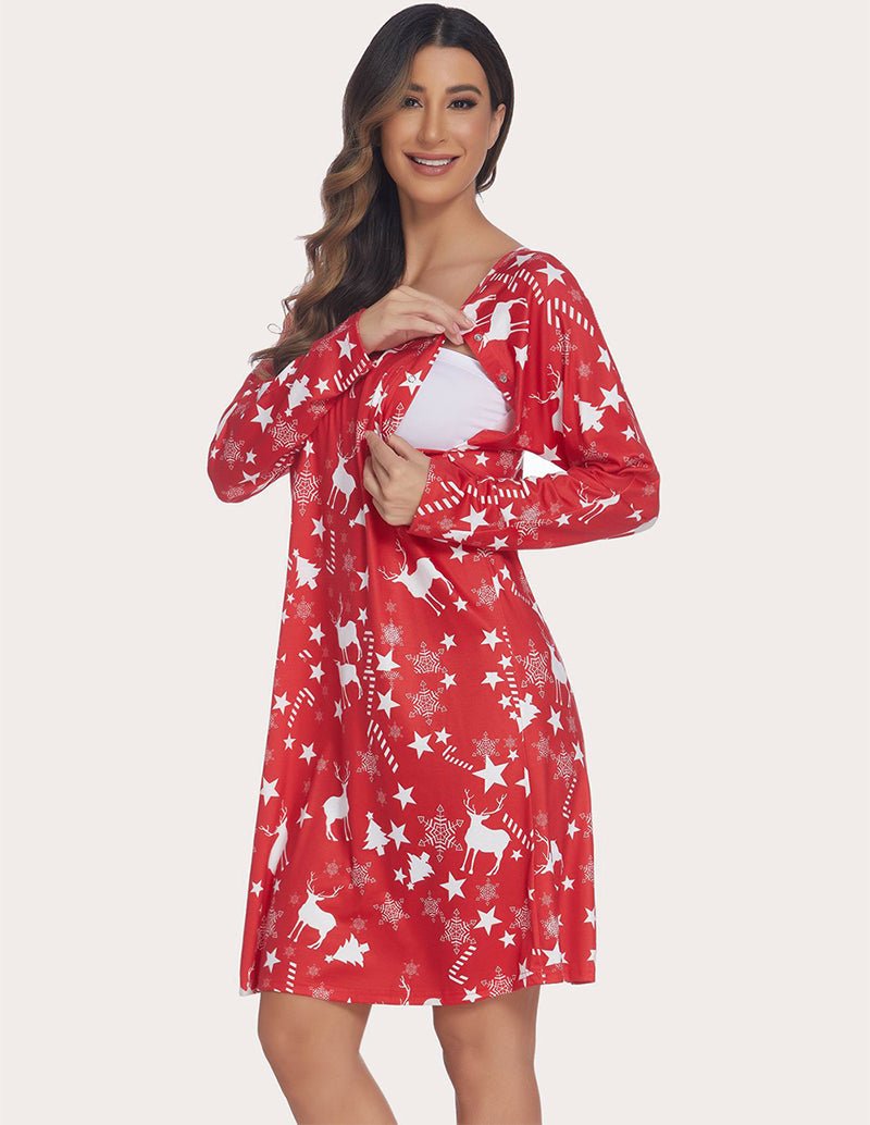 Maternity nursing nightdress, red printed long-sleeve with nursing access opening