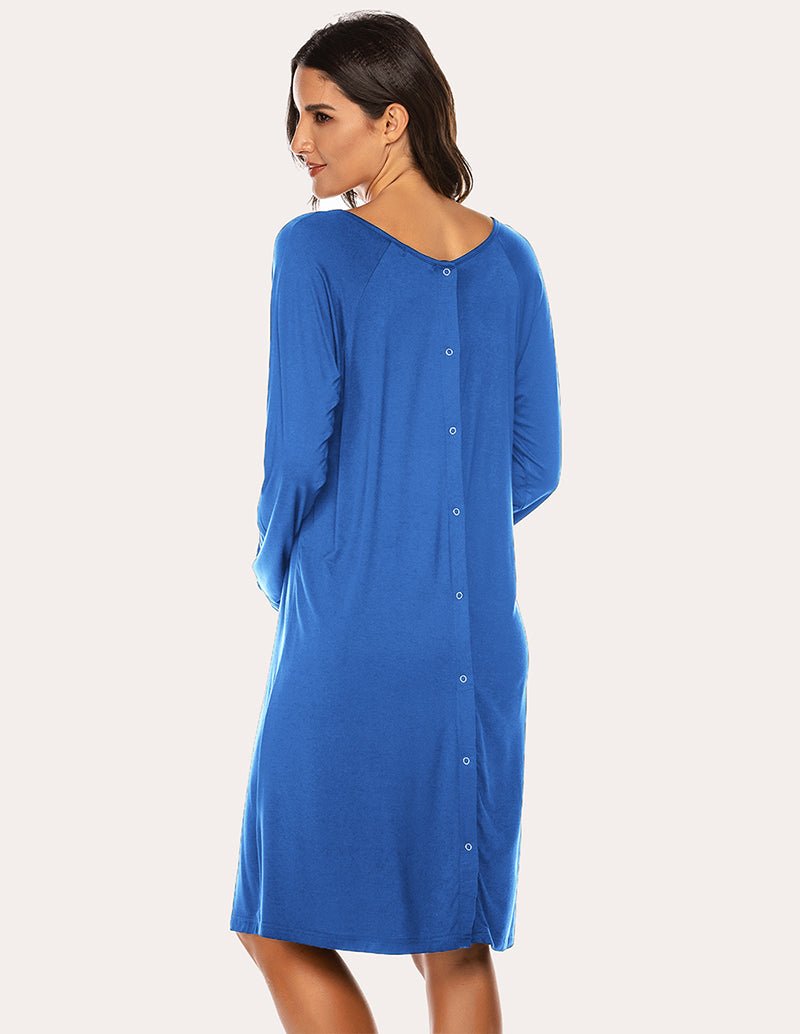 Sky blue maternity nightdress, scoop neck, long sleeves, button-front, back view
