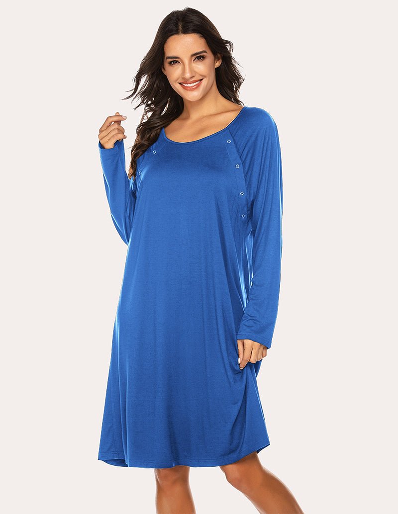 Sky blue maternity nightdress, scoop neck, button-front, long sleeves, knee length