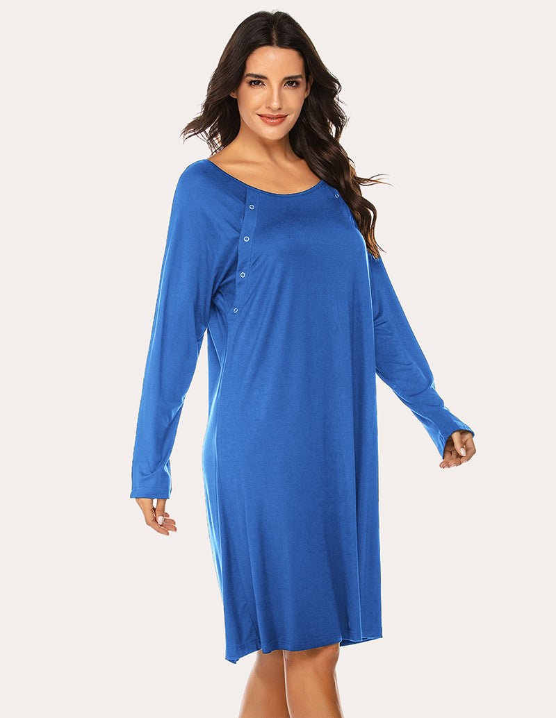 Sky blue maternity nightdress, scoop neck, button-front, long sleeves, full front view