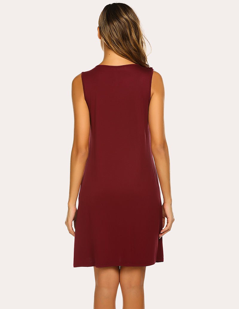 Wine red sleeveless nursing nightdress with scoop back and straight hem