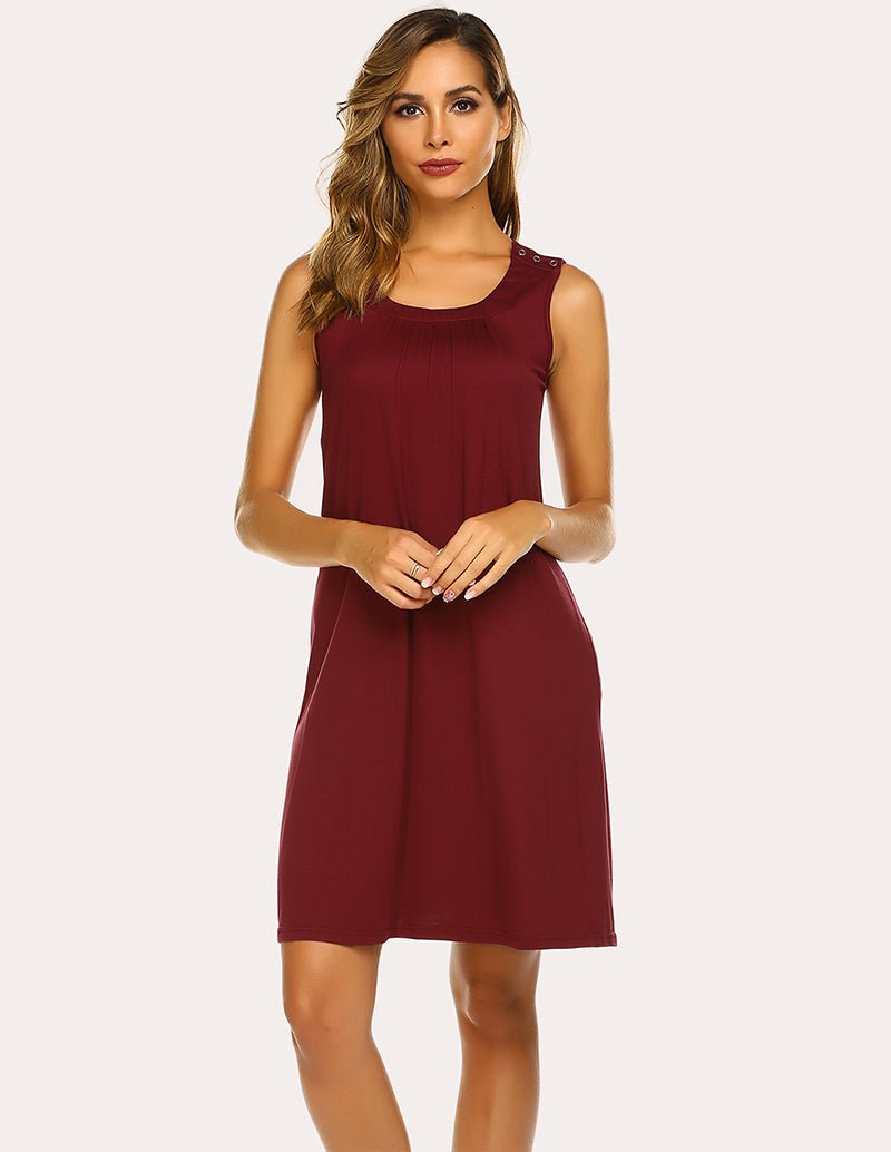 Wine red sleeveless nursing nightdress with scoop neckline and buttoned shoulder