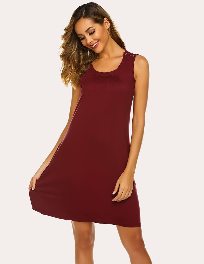 Wine red sleeveless nursing nightdress with scoop neckline and relaxed fit