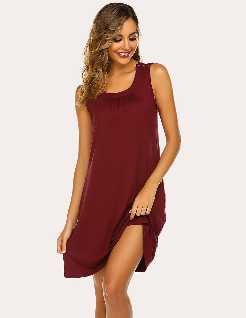 Wine red sleeveless nursing nightdress with scoop neckline and curved side hem