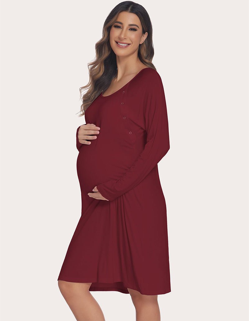 Wine red maternity nightdress, scoop neck, button-front, long sleeves, side front view