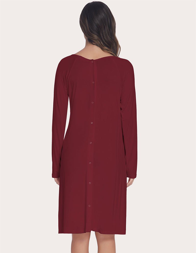 Wine red maternity nightdress, scoop neck, long sleeves, button-front, back view