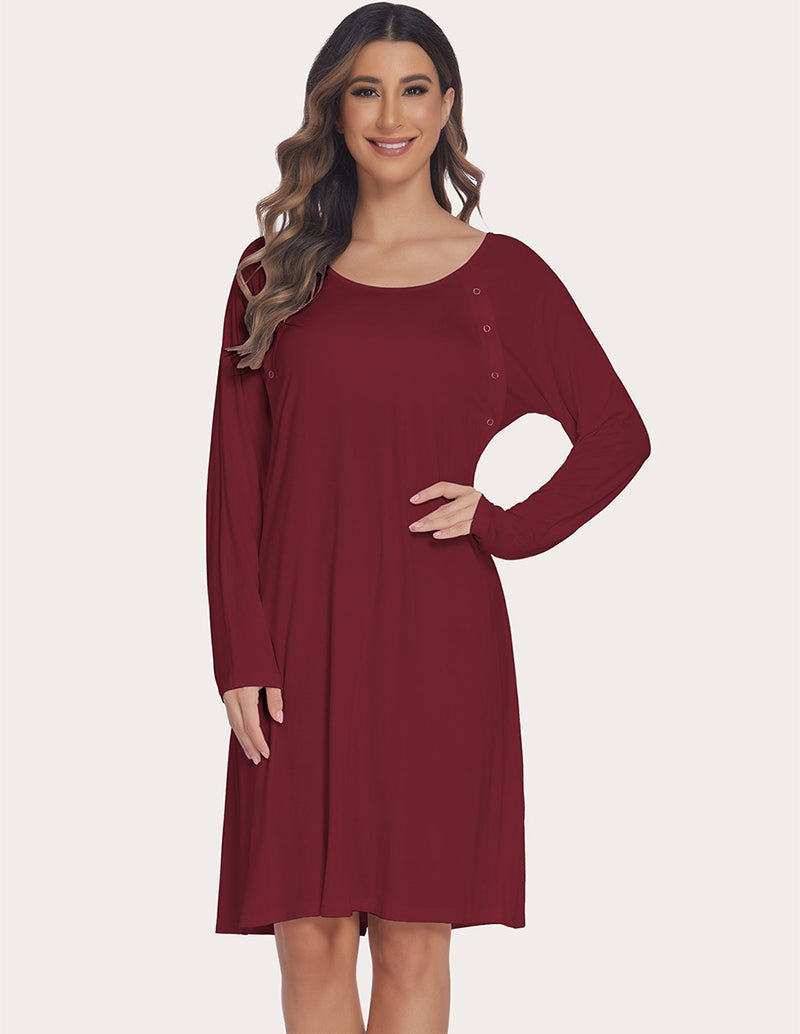 Wine red maternity nightdress, scoop neck, button-front, long sleeves, knee length