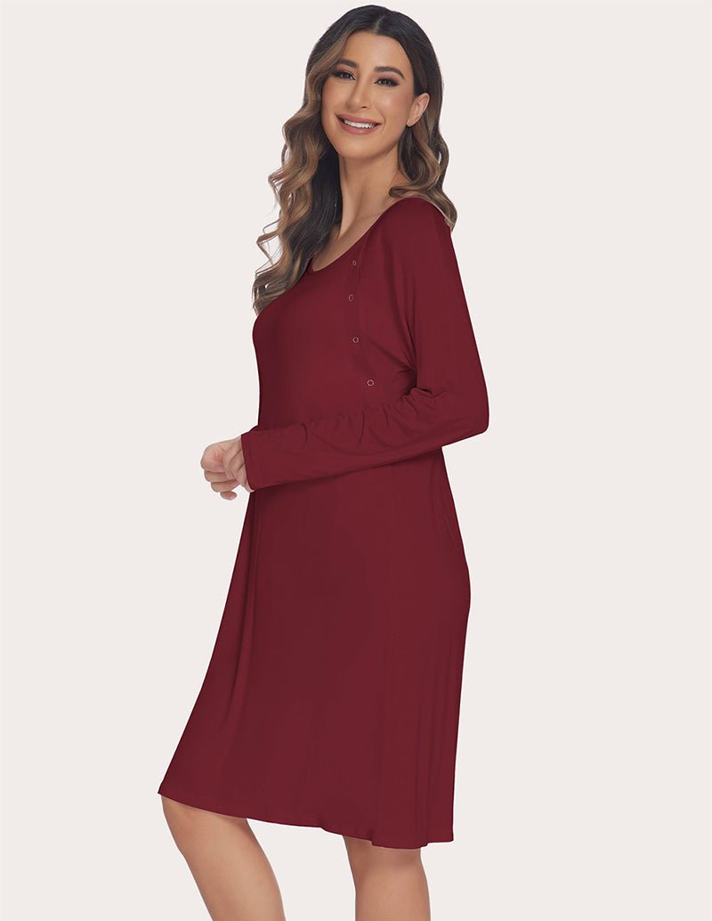 Wine red maternity nightdress, scoop neck, long sleeves, button-front, three-quarter view