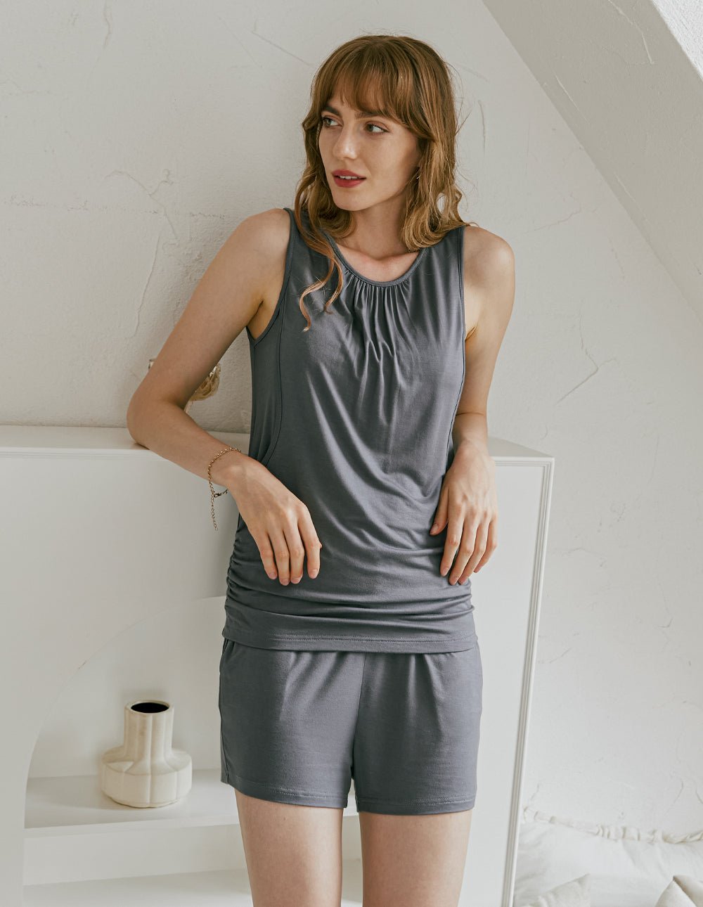 Dark grey nursing sleepwear set, sleeveless top with ruched neckline and shorts