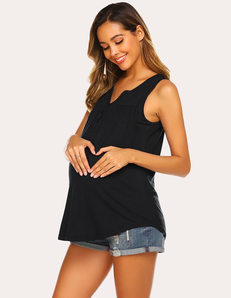 Breastfeeding tank top, black sleeveless V-neck with button front