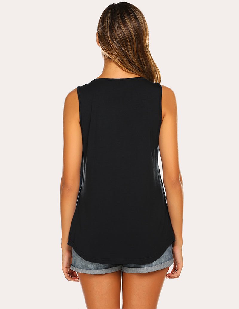 Black nursing tank top, back view, sleeveless V-neck with button detail