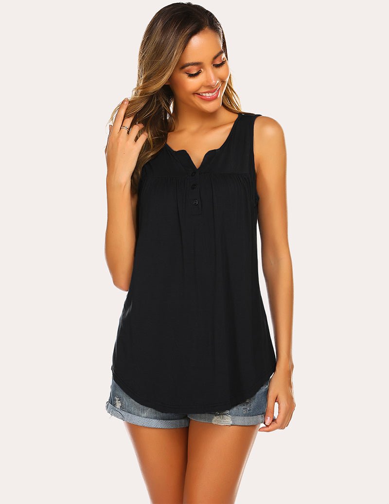 Black nursing tank top, V-neck with button placket, sleeveless fitted maternity