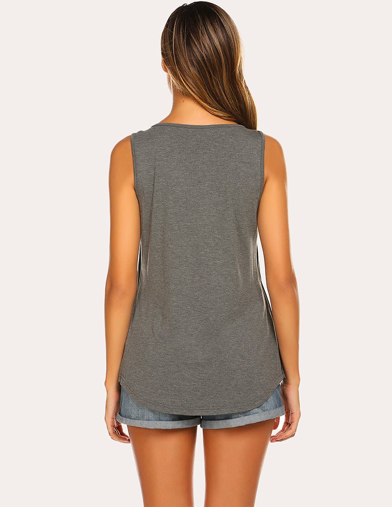 Breastfeeding tank top in heather grey, back view with shoulder straps and curved hem