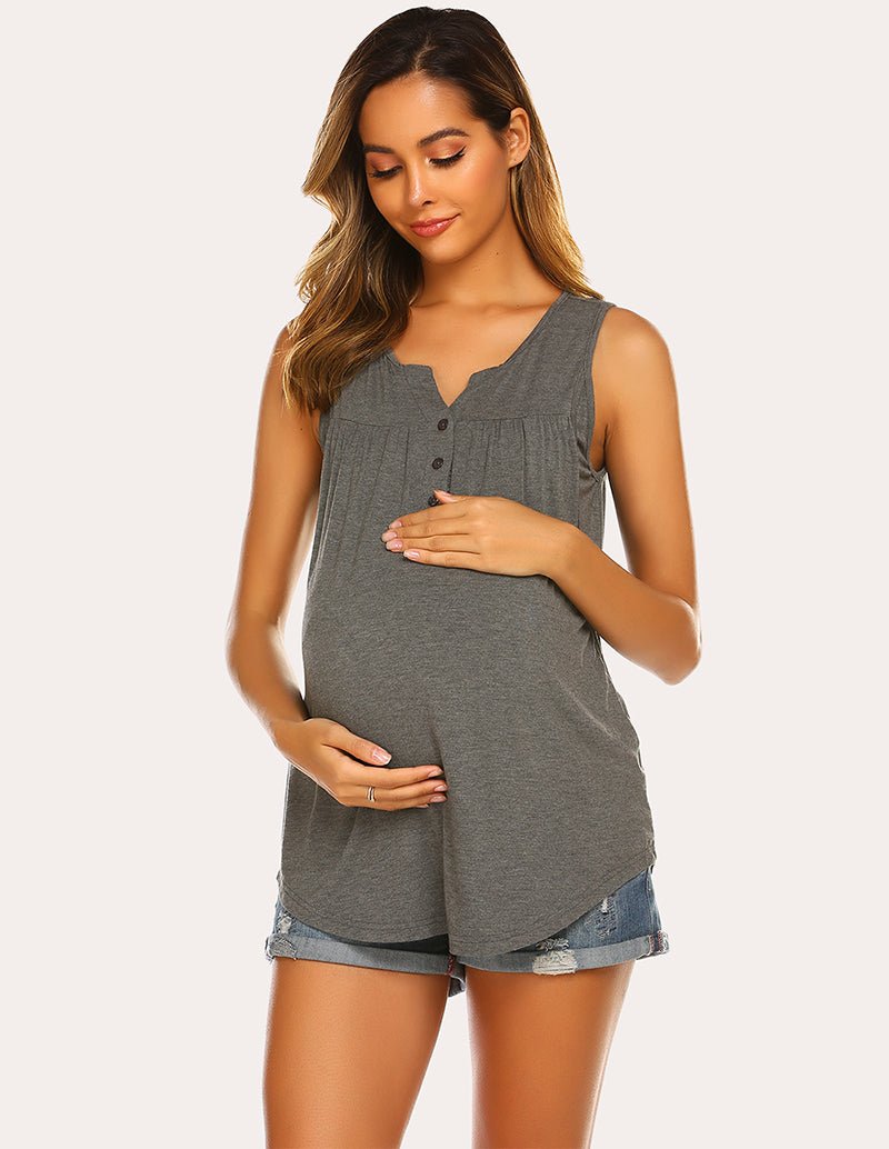 Breastfeeding tank top in heather grey with V-neck and button placket, side gathers