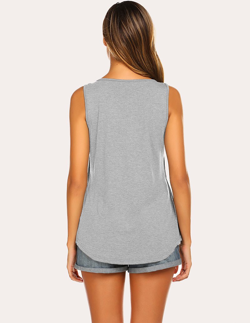 Breastfeeding tank top, grey sleeveless back view with curved rounded hem