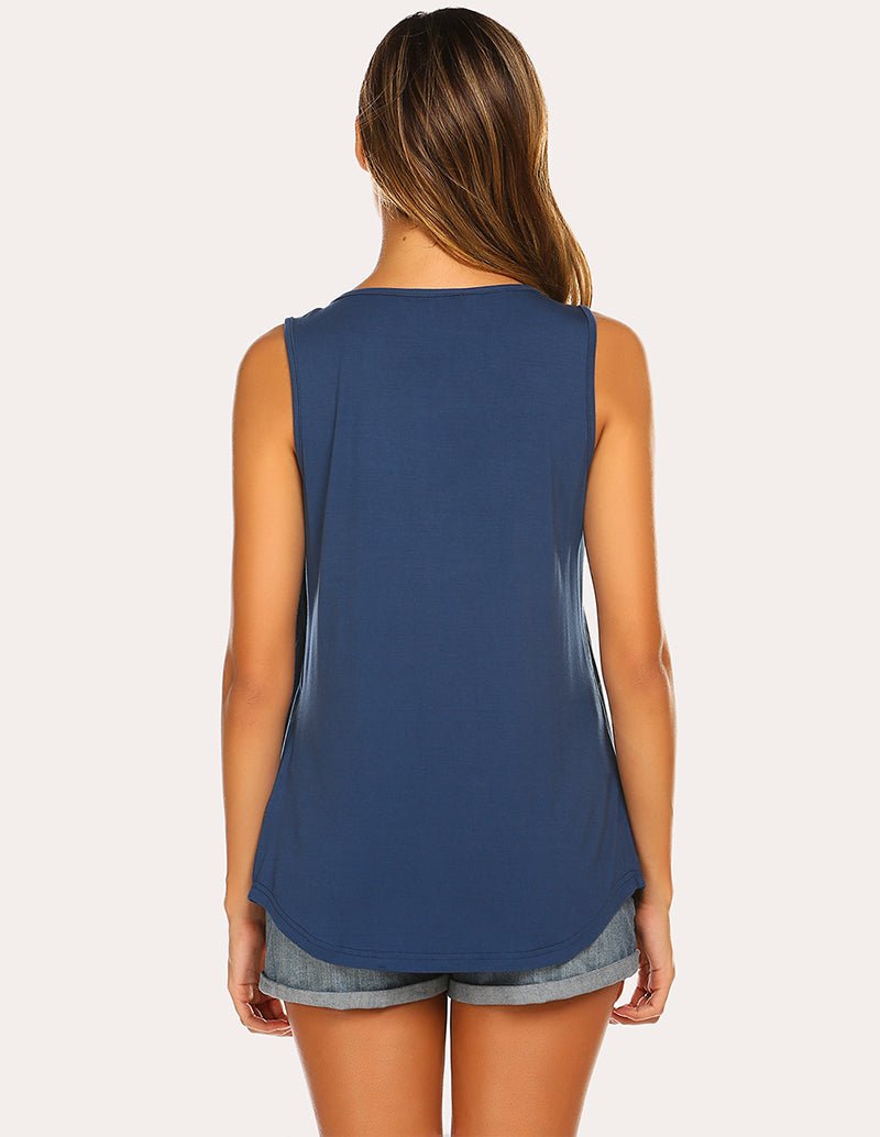 Breastfeeding tank top in navy blue, back view with shoulder straps and curved hem