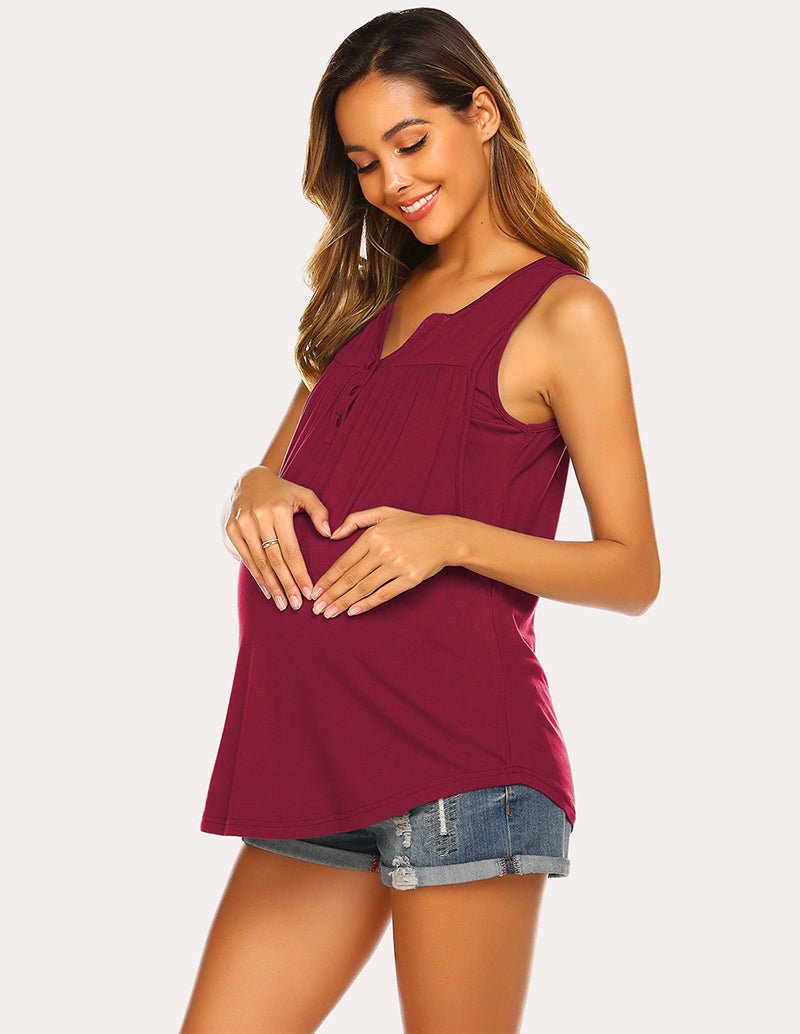 Breastfeeding tank top in wine red, sleeveless V-neck with button-front detail
