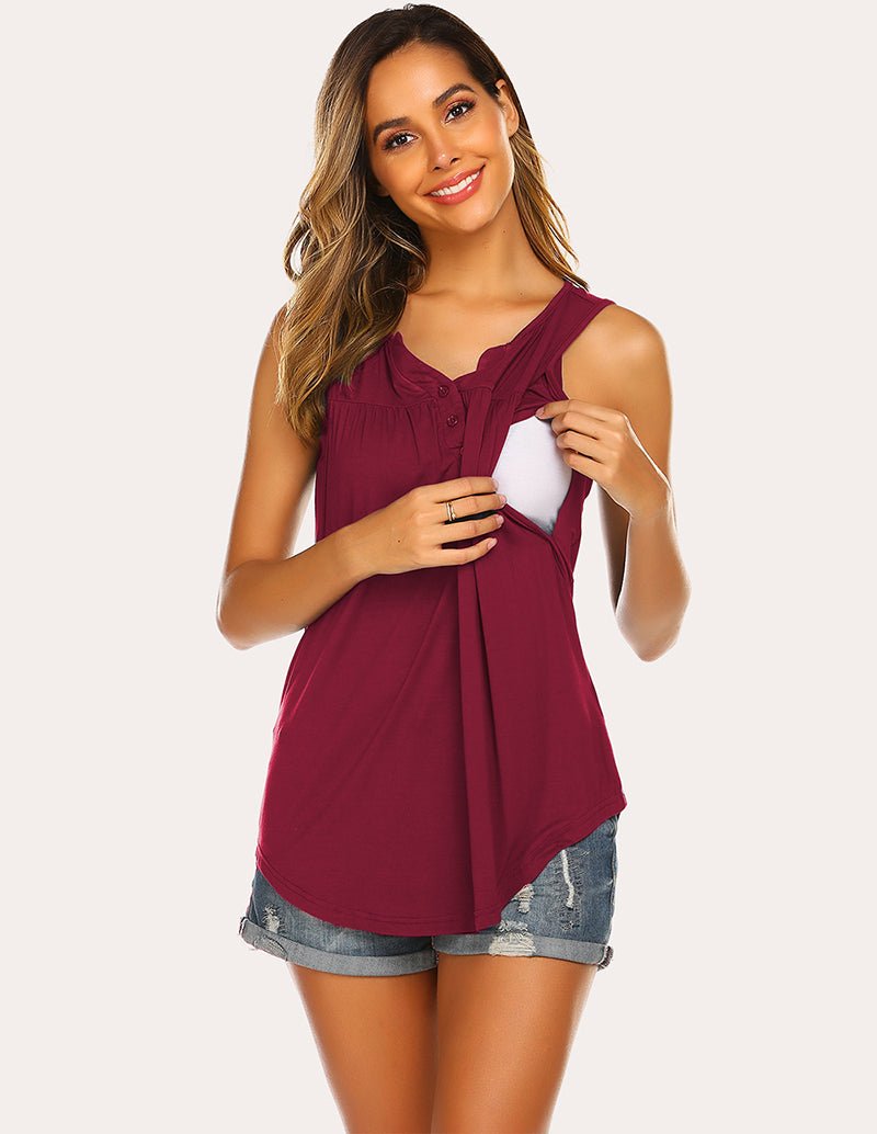 Breastfeeding tank top in wine red with nursing opening, V-neck button placket