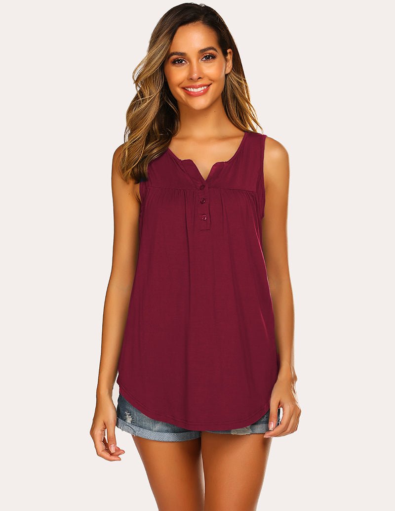 Breastfeeding tank top in wine red, sleeveless V-neck with button placket