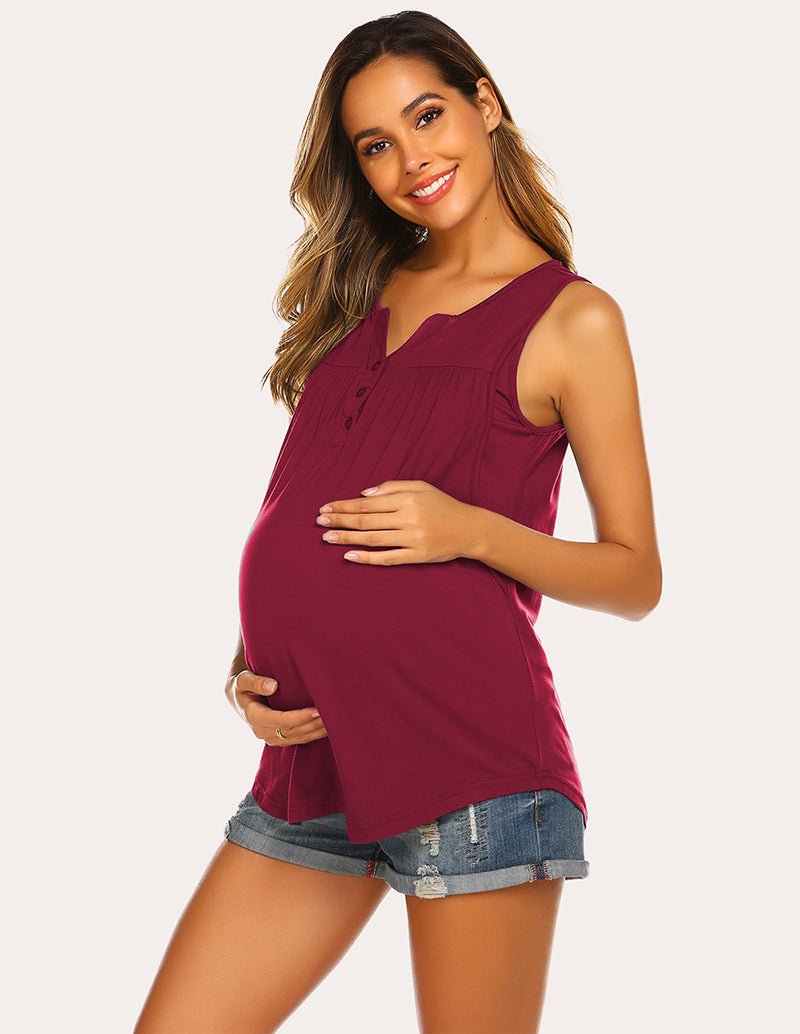 Breastfeeding tank top in wine red, sleeveless V-neck and button placket