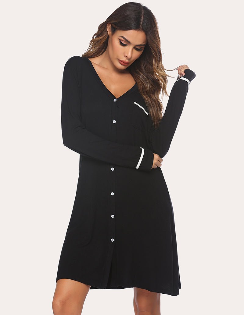 Black button-down nightdress, V-neck front, long sleeves and button placket
