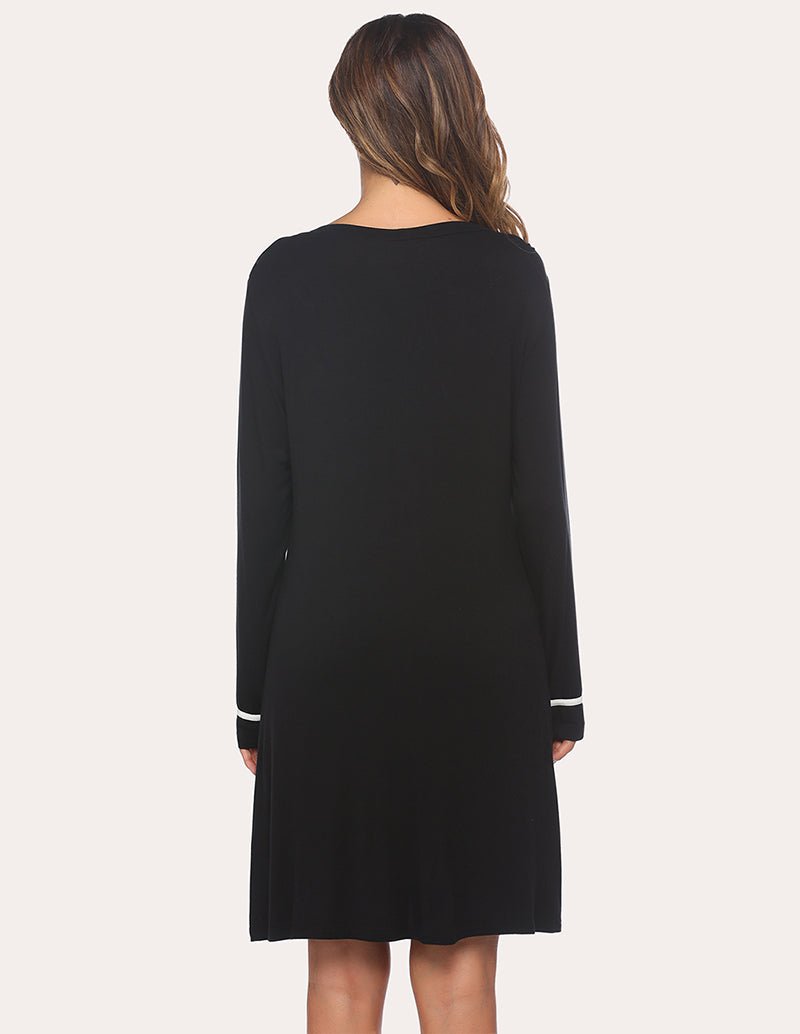 Black button-front nightdress, long sleeves, contrast cuff stripes, back view