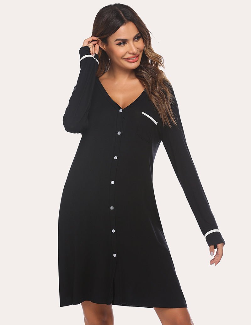 Black button-down nightdress with long sleeves and contrast white cuffs