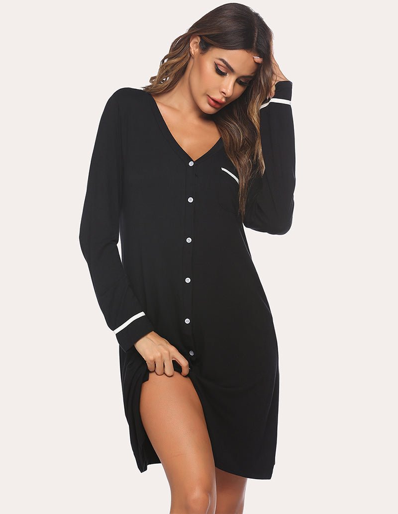 Black button-down nightdress, V-neck front with long sleeves and side slit hem