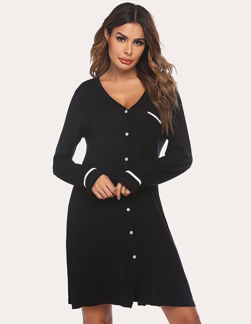 Black button-down nightdress, front view, long sleeves and button placket