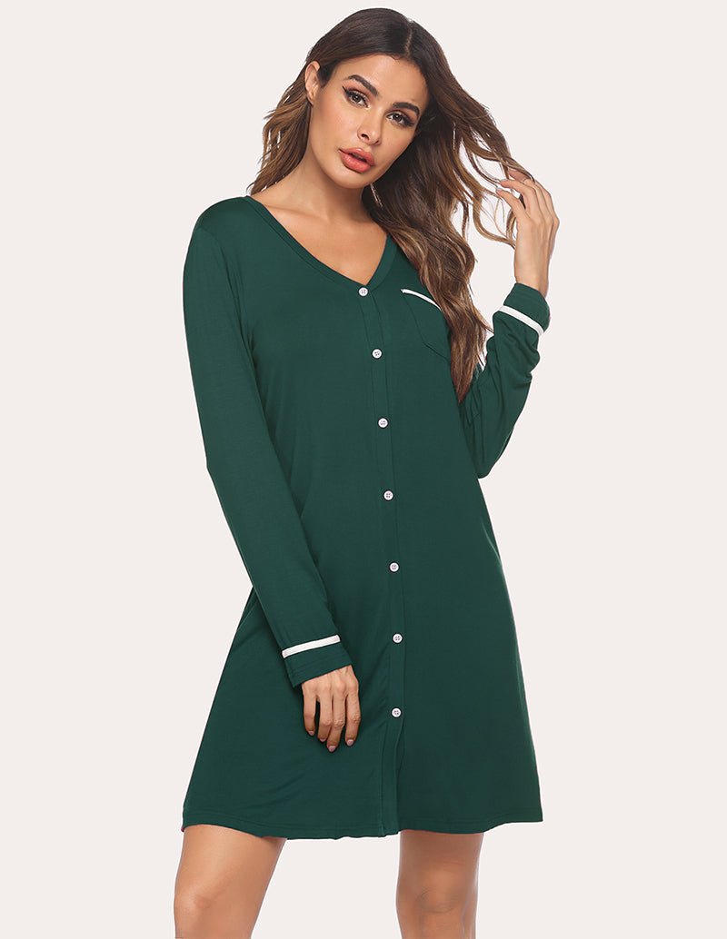Dark green button-down nightdress, V-neck front, long sleeves and button placket