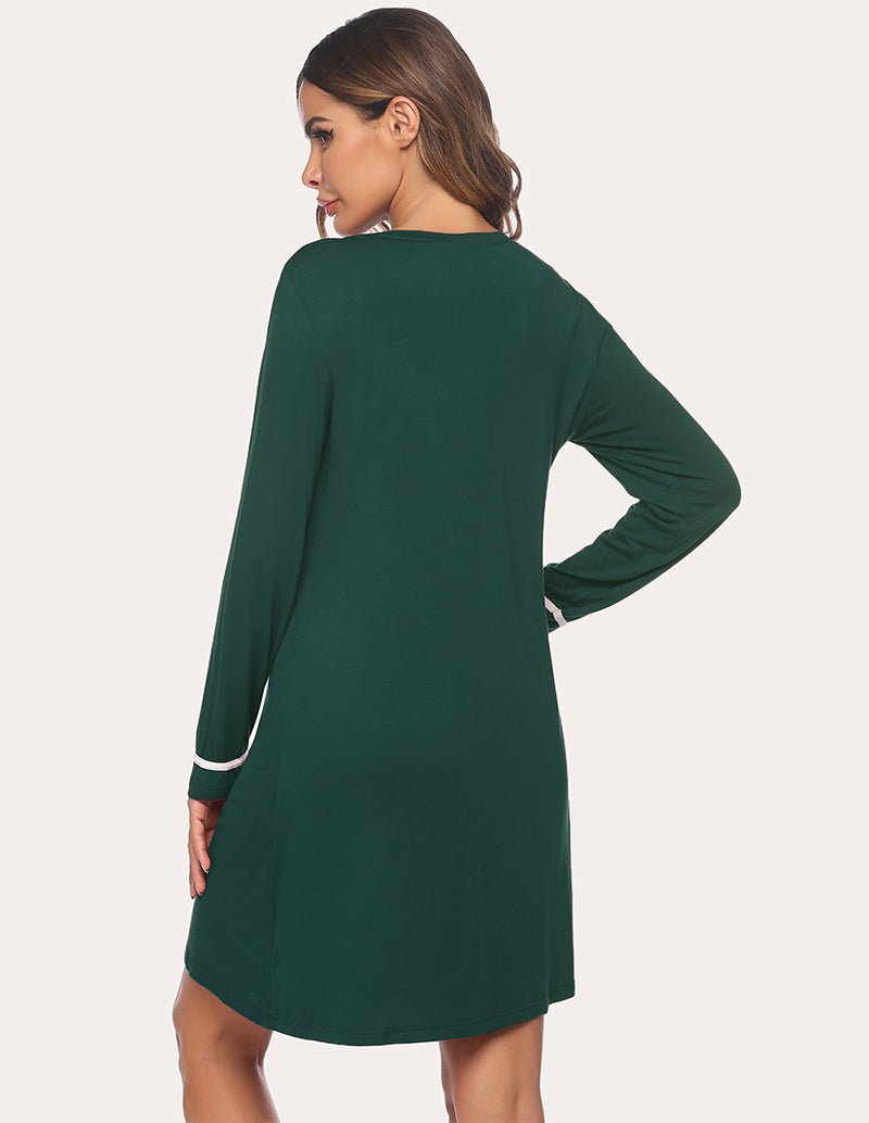 Dark green button-down nightdress, back view, long sleeves with white-trim cuffs