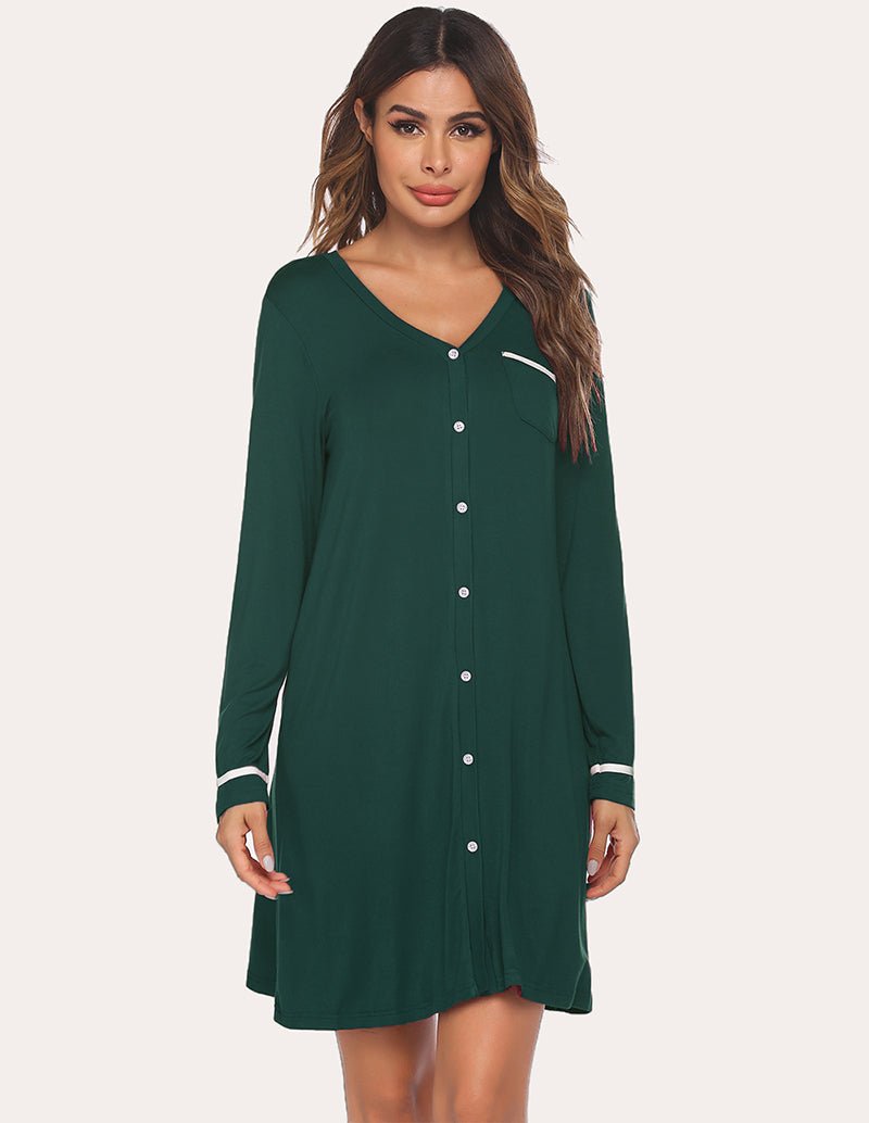 Dark green button-down nightdress with V-neck and long sleeves, white-trim cuffs