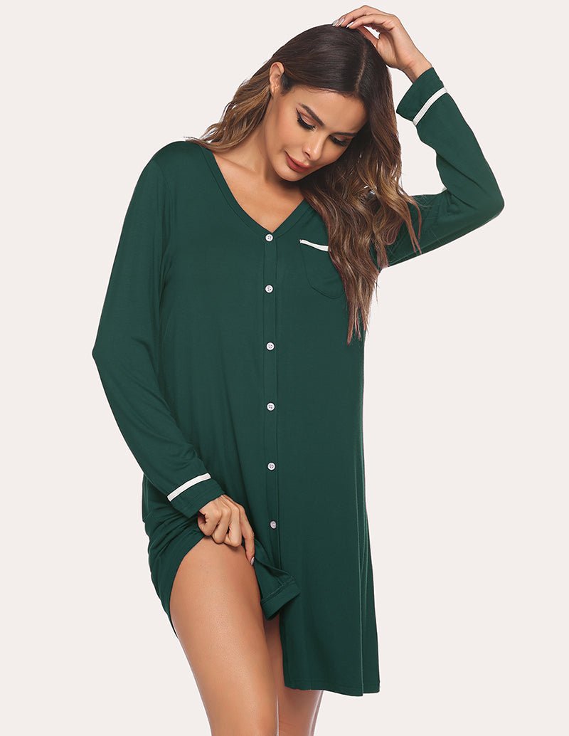 Dark green button-down nightdress, V-neck front with long sleeves and side slit hem