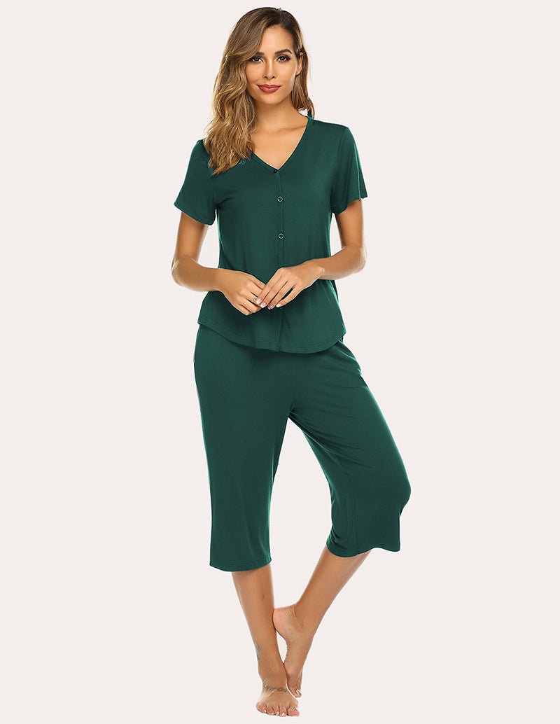 Dark green V-neck button-up pajama top with capri pants set, front view