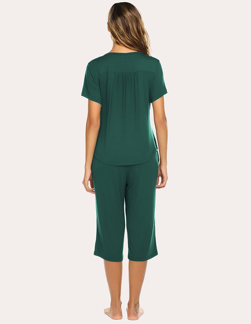 Dark green button-up pajama top and capri pants set, rear view