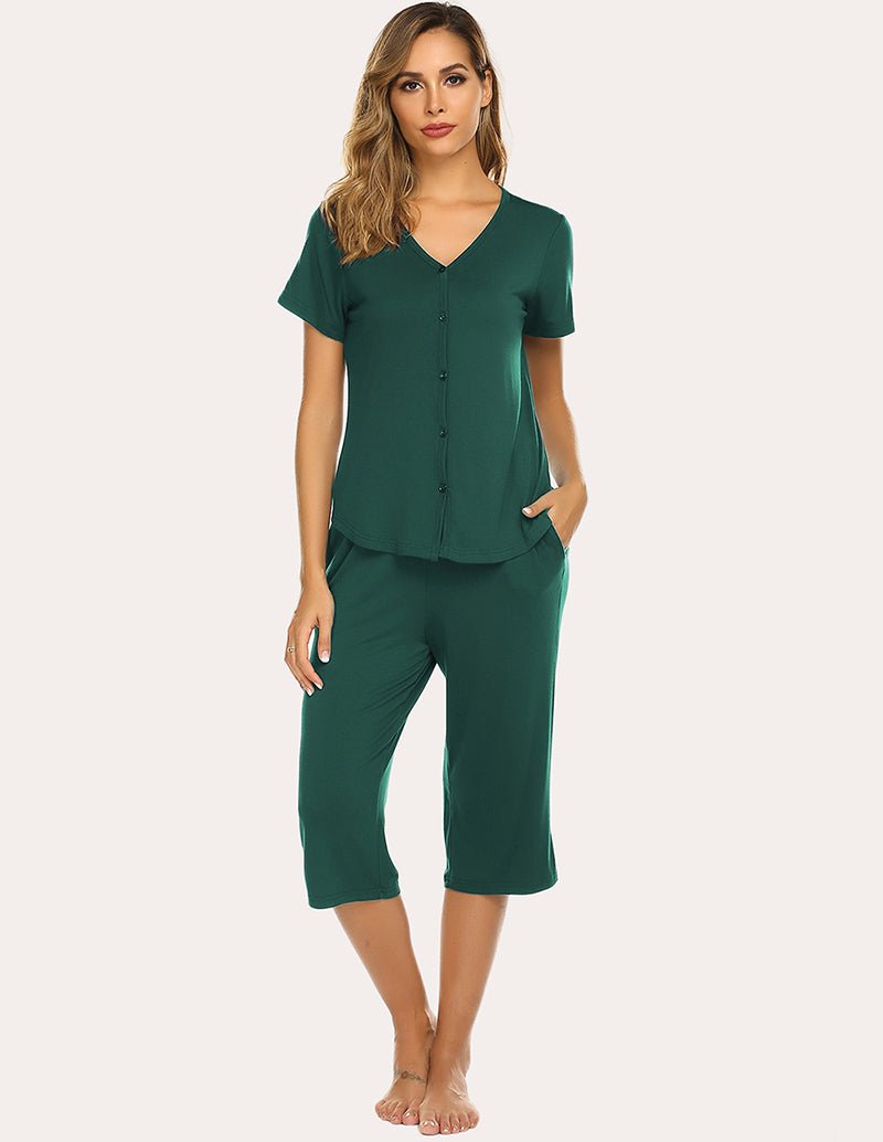 Dark green button-up pajama top and capri pants set with V-neck and short sleeves