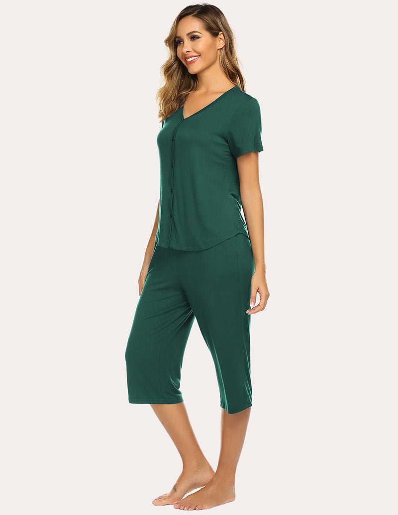 Dark green button-up pajama top and capri pants set, side view