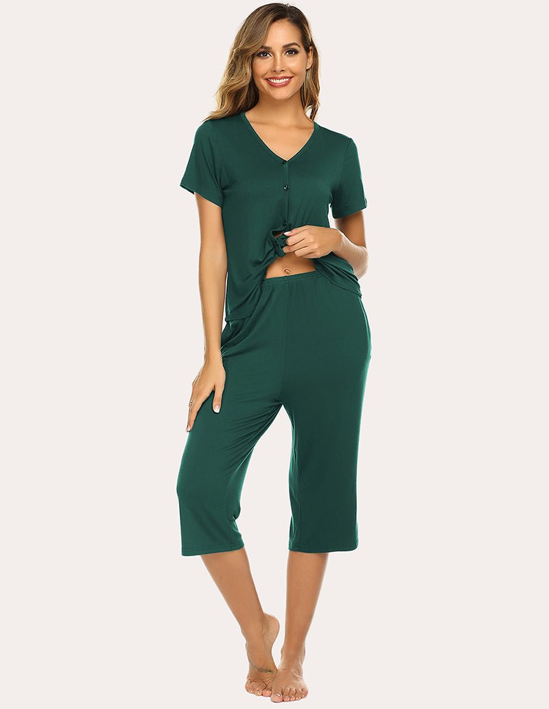 Dark green V-neck pajama top with short sleeves and capri pants, front view