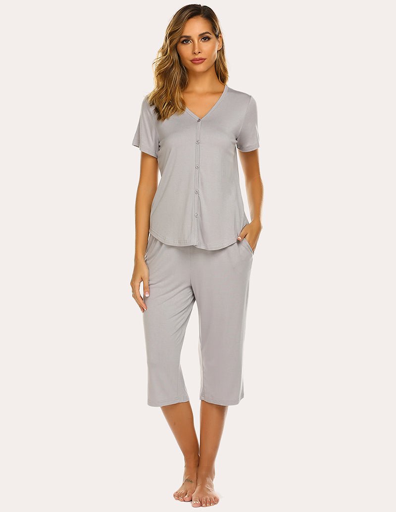 Light grey V-neck button-up pajama top with short sleeves and capri pants set